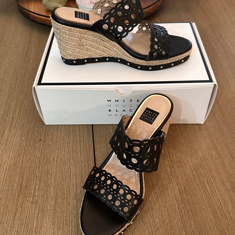 White House Black Market Black Wedge Sandals with Cutout Design